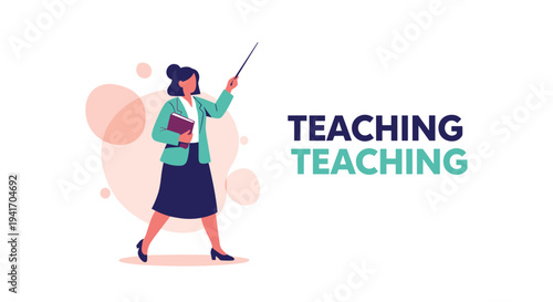 Educator in professional attire holding a pointer and a book with large teaching text on a clean background for school themes.