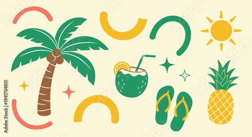 Tropical summer vacation elements with abstract shapes flat illustration for holiday promotions and travel advertisements