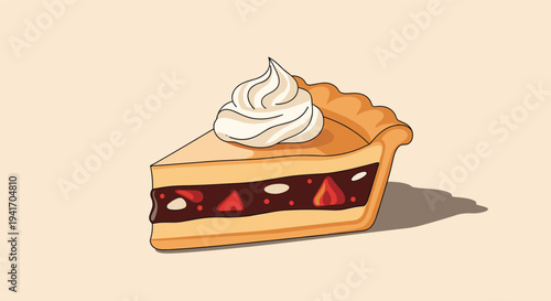 Delicious slice of fruit pie with dark filling and a swirl of whipped cream topping on a plain light background.