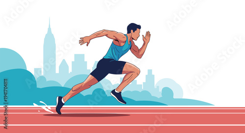 Professional male athlete running fast on a red track with city skyline in the background during a competitive race.