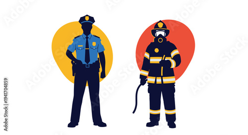 Silhouette illustrations of a police officer and a firefighter standing side by side representing emergency services.