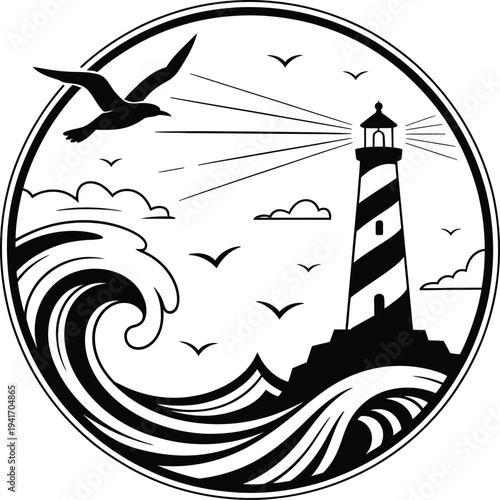 Lighthouse and Crashing Waves Circular Line Art
