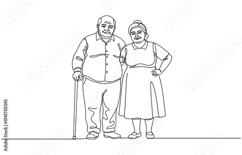 Elderly overweight man and woman with stick. Continuous one line drawing.