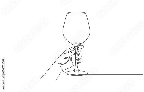 One line drawing of a hand holding a wine glass for celebration.