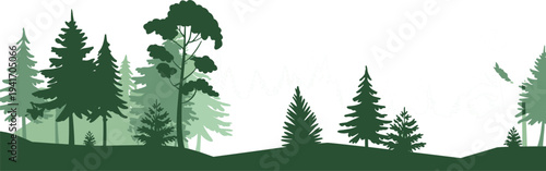 Green forest landscape vector featuring silhouettes of pine trees and firs for nature backgrounds and environmental conservation designs