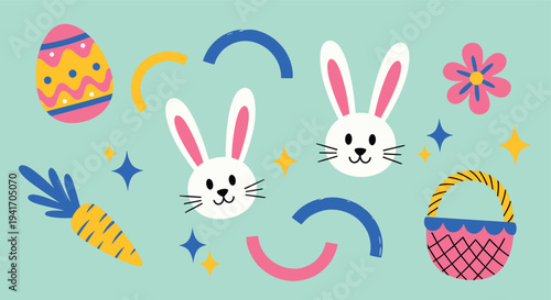 Easter bunnies and egg with abstract shapes flat graphic illustration for kids party invitation or spring greeting card