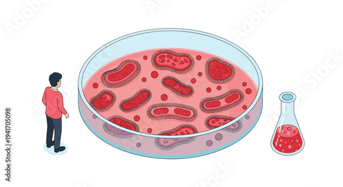 Scientist observing a giant petri dish filled with bacteria and a small flask with red liquid in a lab setting.