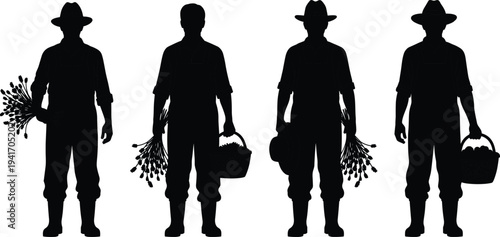 Farmer silhouettes holding baskets with crops, agricultural harvest artwork illustration, rural lifestyle design concept, traditional farming representation, countryside labor symbol