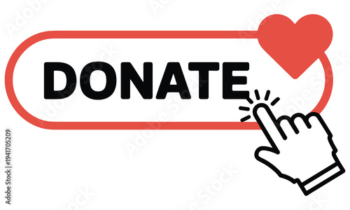 Digital illustration of a hand clicking on a button with the word donate and a red heart symbolizing charitable giving and online donations.