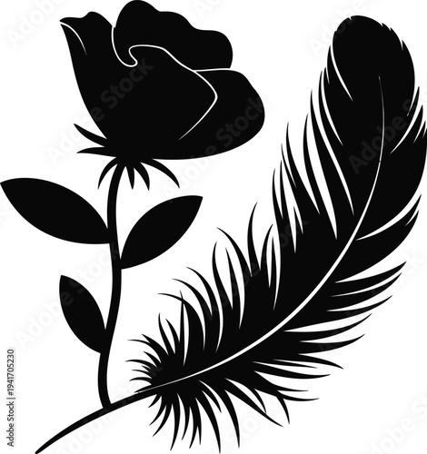 Graceful Feather Beside A Beautiful Rose Flower