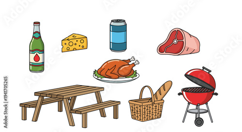 Collection of picnic items including a wooden table, BBQ grill, food, drinks, and a wicker basket on white background.