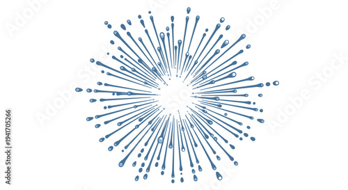 Abstract blue water splash or firework explosion composed of many droplets radiating from the center point.