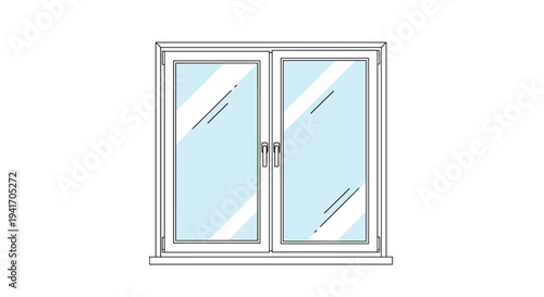 Modern white plastic window with two glass panes and handles showing a bright reflection of light on the surface.