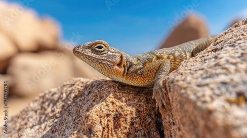 A lizard perched on a rock with a blurred background.
