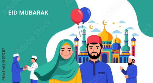 Eid Mubarak celebration illustration featuring Muslim couple with mosque and balloons in the background