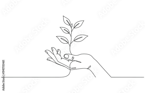 Elegant one continuous line art illustration of a human hand gently cradling a young plant.