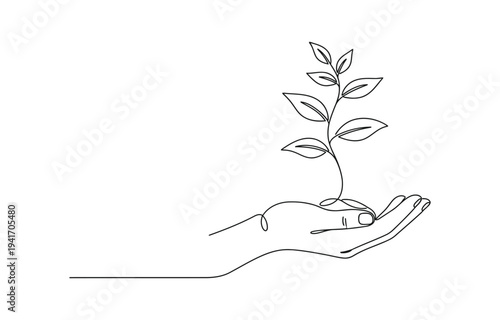 Elegant one continuous line art illustration of a human hand gently cradling a young plant.