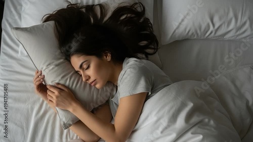 Young brunette woman enjoying deep restorative sleep hygiene in white bedding