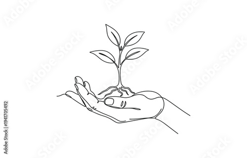 Elegant one continuous line art illustration of a human hand gently cradling a young plant.