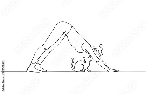 One line drawing. Woman doing yoga with cat.