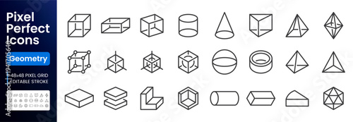 Geometry line icon set. Cube, sphere, pyramid, cylinder, cone, torus, prism, octahedron minimal vector illustrations geometric shapes. Simple outline signs. 48x48 Pixel Perfect. Editable Stroke.