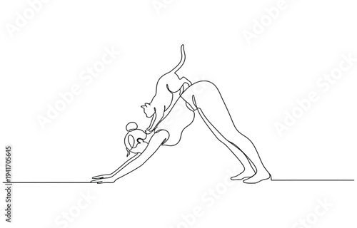 One line drawing. Woman doing yoga with cat.