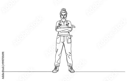 Continuous one line drawing of young handy woman pose cross arms on chest before going to work.