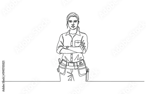 Continuous one line drawing of young handy woman pose cross arms on chest before going to work.