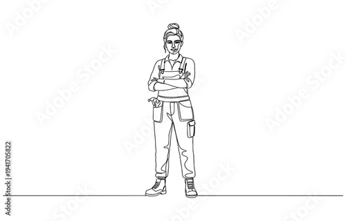 Continuous one line drawing of young handy woman pose cross arms on chest before going to work.