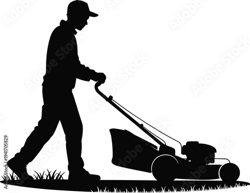 Man Mowing Garden Lawn Grass Silhouette