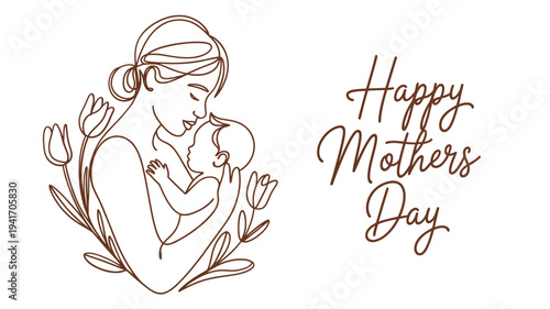 A mother cradling her baby with floral elements and a mother s day greeting