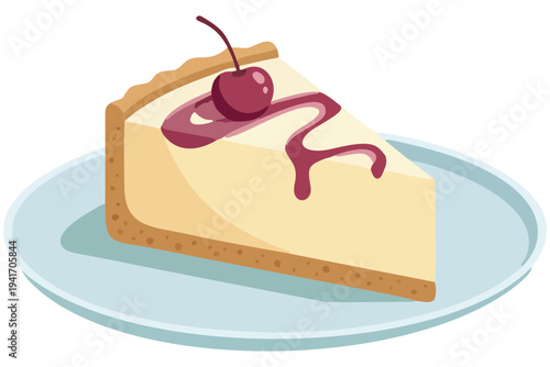 A delicious slice of gourmet chocolate cheesecake topped with a fresh cherry and creamy frosting sits on a white plate, creating a sweet and tasty pastry dessert perfect for a bakery snack