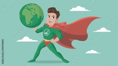 A cartoon superhero in a green costume holds the Earth with a red cape flowing behind him in a playful pose.