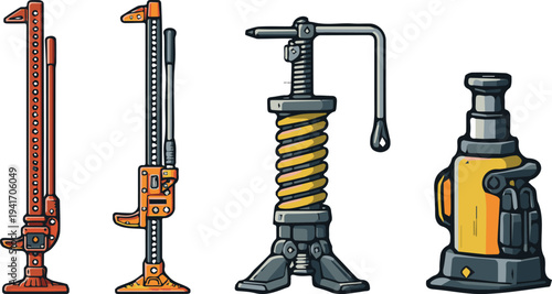 Mechanical jack lift tools set with hydraulic bottle jack and farm high lift jack vector illustration