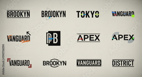 Collection of diverse logo designs featuring brand names like Brooklyn, Tokyo, Vanguard, Apex, and District, showcasing various typography and graphic elements.