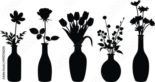 Flower vase silhouette collection with roses tulips daisies blossoms, decorative floral artwork illustration, elegant botanical design concept, artistic nature arrangement representation