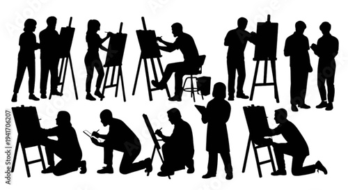 Set of 13 black silhouette artist icons vector