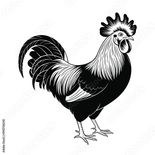 A detailed black and white illustration of a proud rooster standing sideways