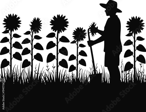 Gardener Harvesting Tall Sunflowers Silhouette