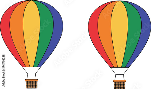 Minimalist hot air balloon illustration with rainbow striped envelope and brown basket in clean cartoon flat vector style