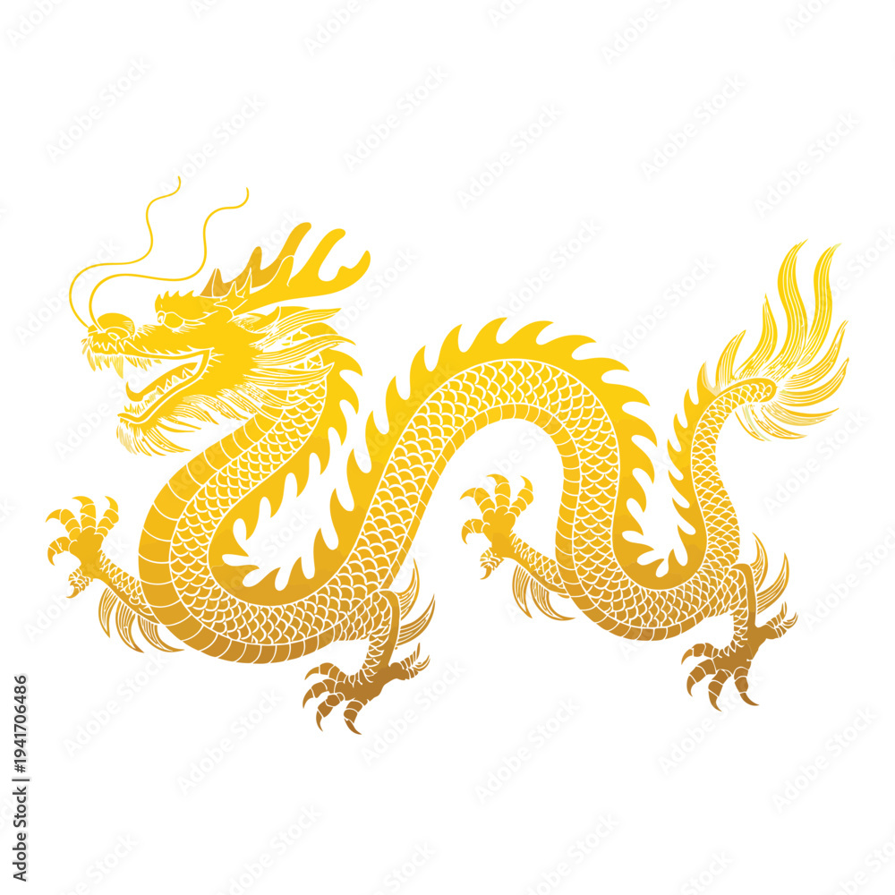 Fototapeta premium Golden chinese dragon illustration on a white background side view