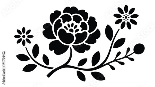 Black and white floral arrangement with a large rose and smaller blossoms