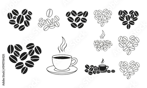 Set of Coffee Bean Heart Shapes and Coffee Cup Illustrations