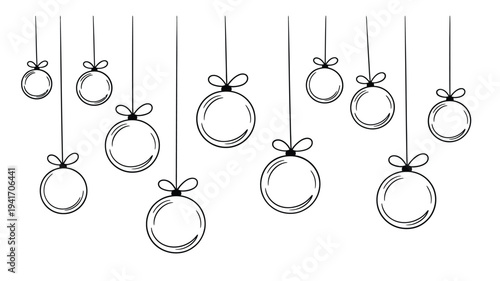 Line of sketched christmas ornaments hanging from delicate strings
