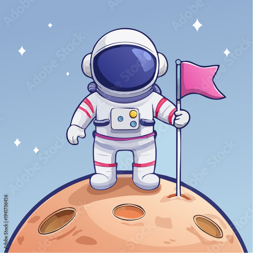 Astronaut standing on a planet holding a pink flag, illustration