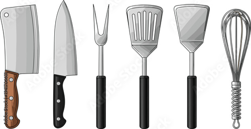 Kitchen utensils silhouette collection with knife cleaver fork spatula whisk, cooking tools artwork illustration, culinary equipment design concept, food preparation representation