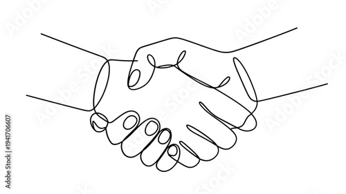A continuous line drawing depicts two hands in a firm handshake