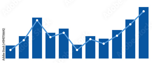 Business analytical chart: blue bar graph combined with a line trend and data points, representing financial performance and statistical progress.