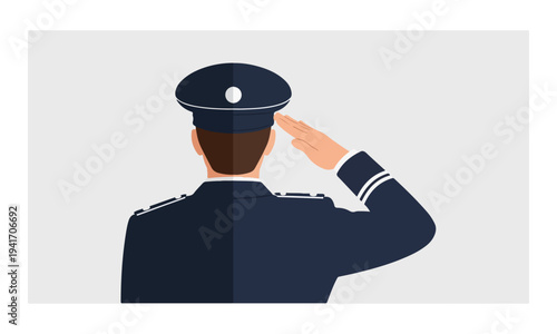 Military Officer or Policeman in Uniform Saluting from Behind