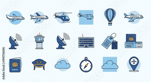 Collection of Aviation and Travel Related Vector Icons.